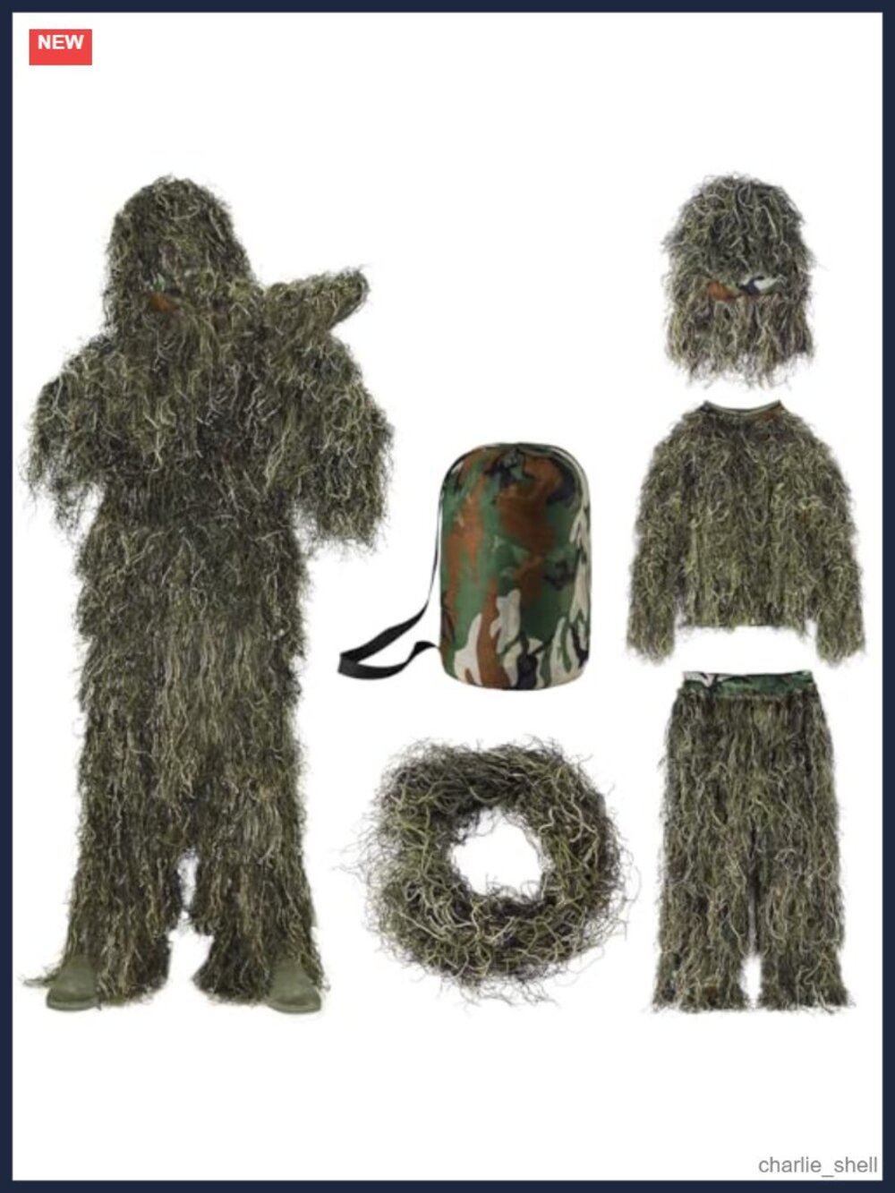 5 in 1 Ghillie Suit 3D Camouflage Hunting Costume with Hood Jacket Pants